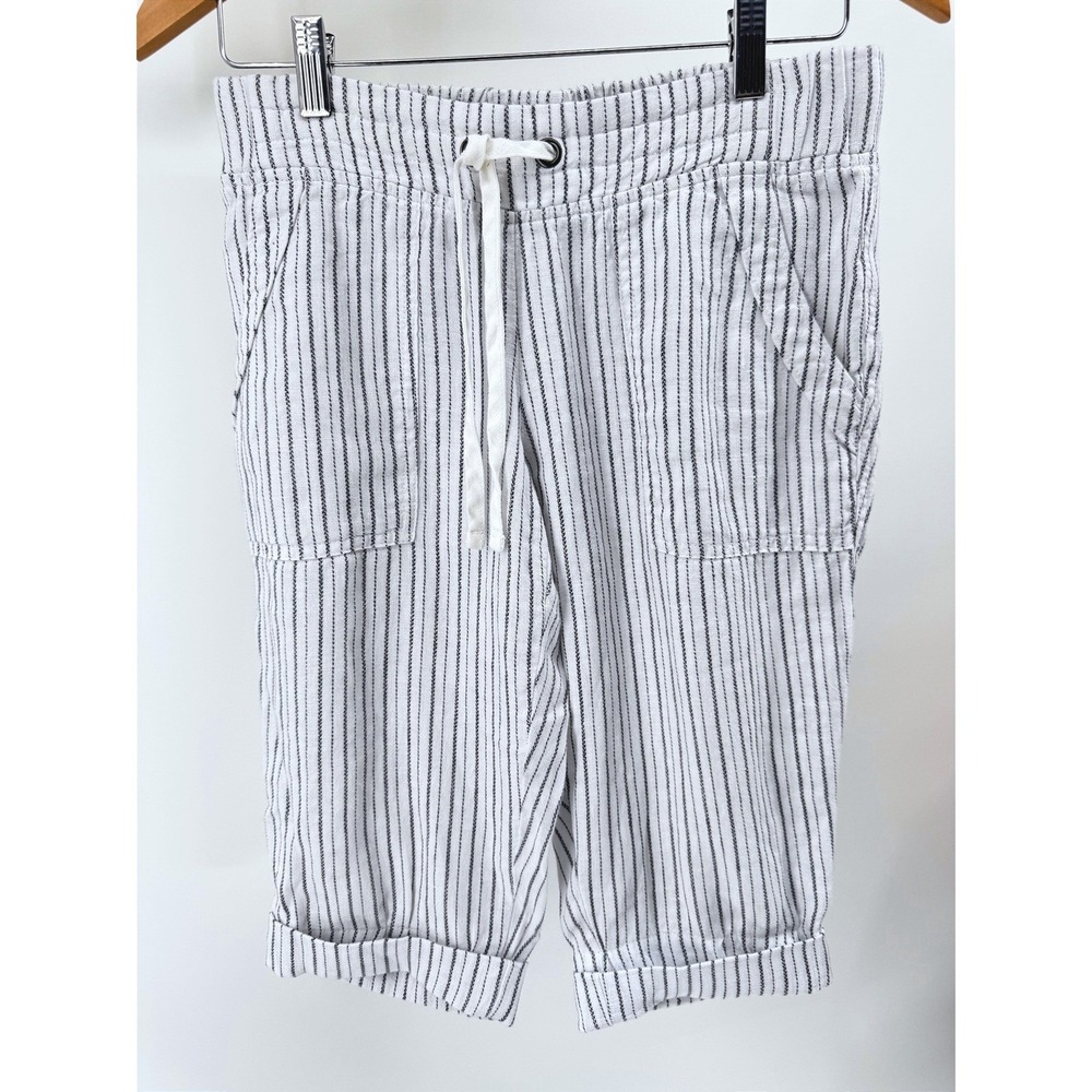 Athleta Linen Blend Shorts Womens 0 Navy White Stripe Pull On Cuffed